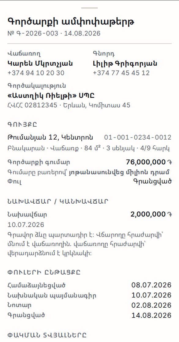 Գործարքի ամփոփաթերթը՝ կողմերով, գույքով, գումարը բառերով և փուլերի ընթացքով