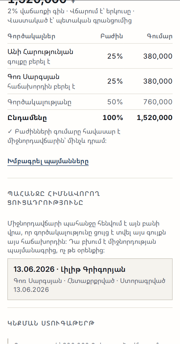 Միջնորդավճարի բաշխման աղյուսակը և դրա տակ՝ պահանջը հիմնավորող ցուցադրությունը