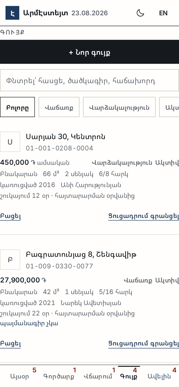Գույքի ցանկը՝ գին, կադաստրային ծածկագիր, գործակալ և շուկայում անցկացրած օրերը