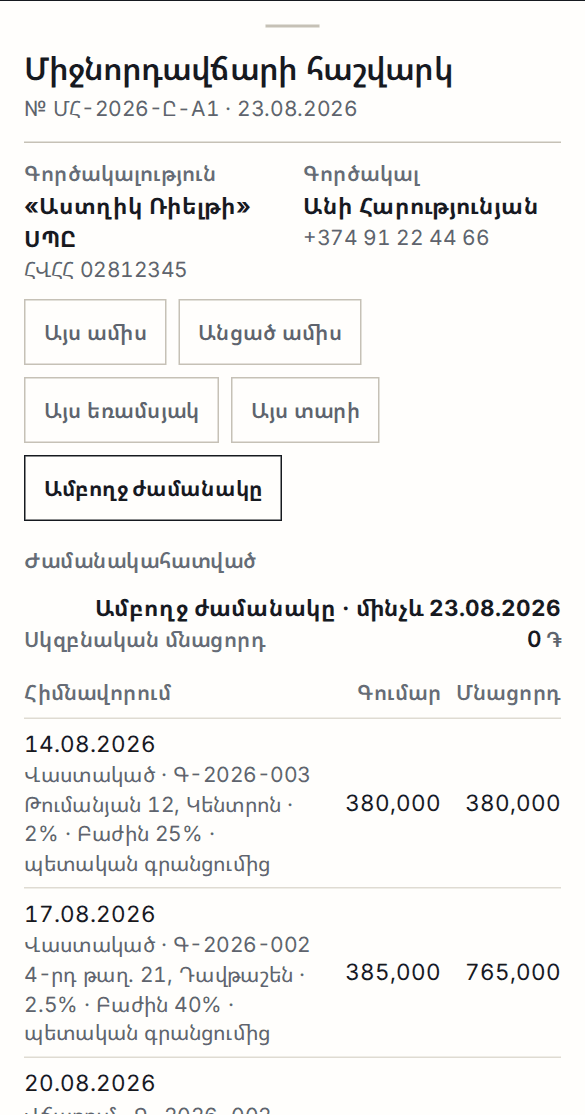 Միջնորդավճարի հաշվարկը՝ ամեն տողի ամսաթիվը, հիմնավորումը, գումարը և մնացորդը