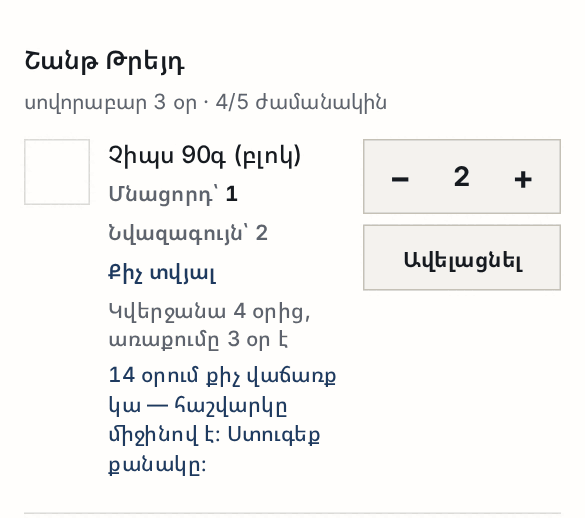 Պատվերի առաջարկը՝ քանակ, մնացորդ, պատճառը՝ «կվերջանա 4 օրից, առաքումը 3 օր է», և «Քիչ տվյալ» նշումը
